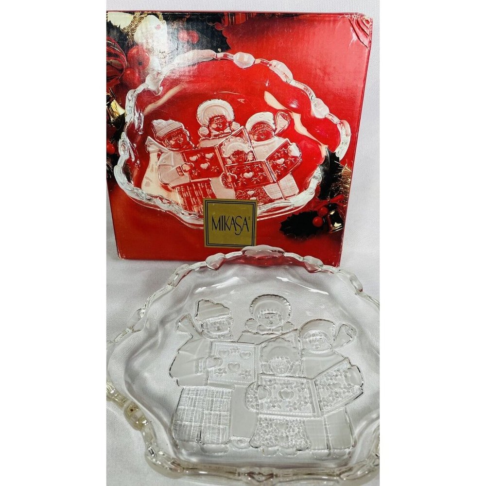 Vintage 8.25 Mikasa Carolers Sweets Candy Dish Frosted Glass Heavy Thick Germany
